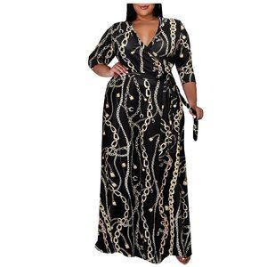 New! Women's Plus Size 3X Dress Black Chains Maxi Dress 3/4 Sleeve with Belt